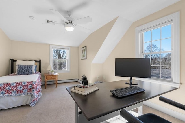 bedroom with ceiling fan, lofted ceiling, carpet floors, and a baseboard heating unit