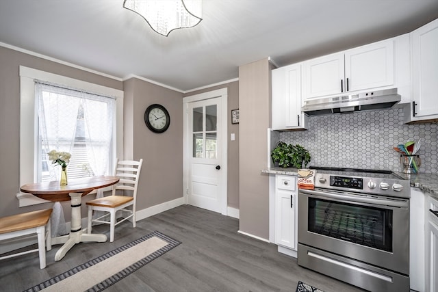 kitchen with decorative backsplash, light stone countertops, stainless steel range with electric cooktop, white cabinetry, and dark hardwood / wood-style flooring