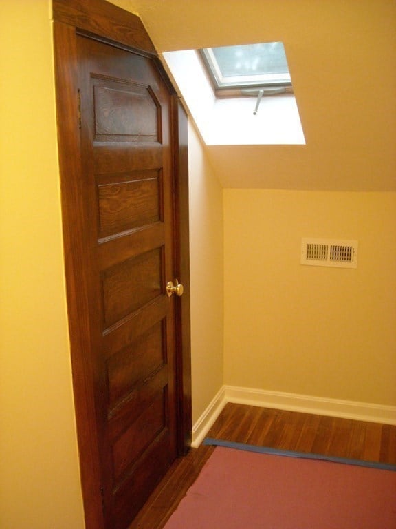 additional living space with dark hardwood / wood-style floors and lofted ceiling with skylight