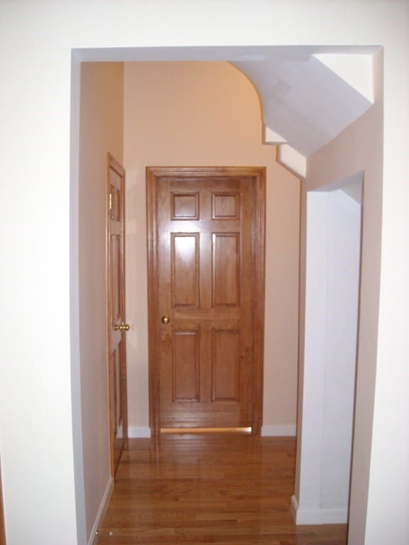 hallway with dark hardwood / wood-style flooring