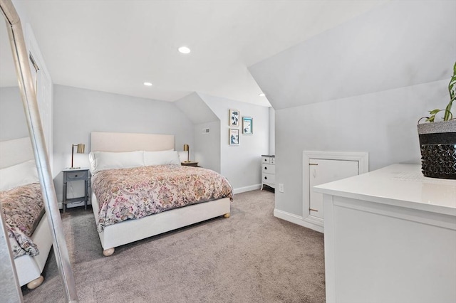 bedroom featuring recessed lighting, baseboards, light carpet, and lofted ceiling