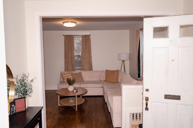 living room with radiator heating unit and dark hardwood / wood-style floors