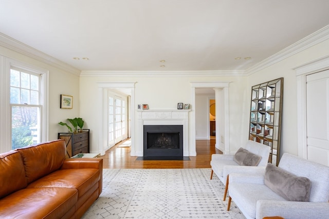 living room with ornamental molding and light wood-type flooring