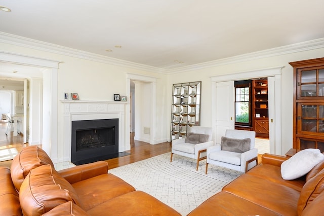 living room with crown molding and wood-type flooring