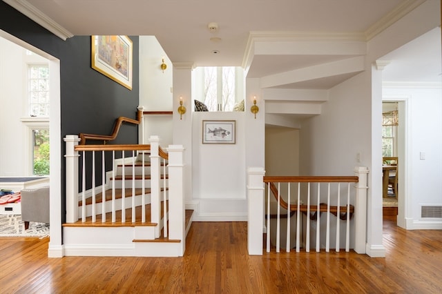 interior space with hardwood / wood-style floors and crown molding