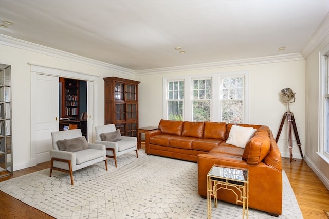 living room featuring ornamental molding and light wood-type flooring