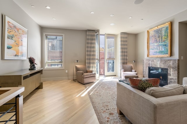 living room featuring a premium fireplace and light hardwood / wood-style flooring