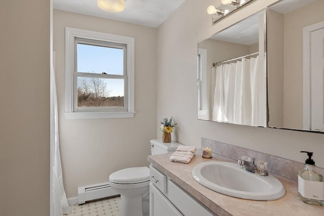 full bathroom with a baseboard radiator, baseboards, vanity, and toilet