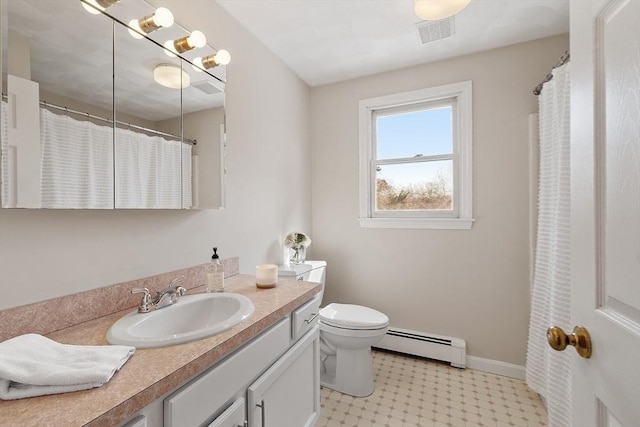 bathroom featuring a baseboard radiator, visible vents, toilet, vanity, and baseboards