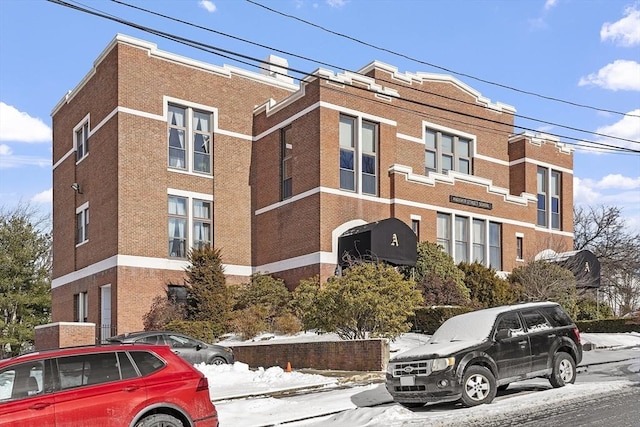 view of snow covered building