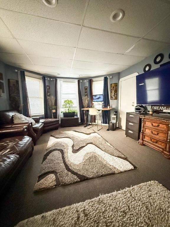 302 Cory St, Fall River, MA 02720 - living area featuring a paneled ceiling, carpet floors, and plenty of natural light
