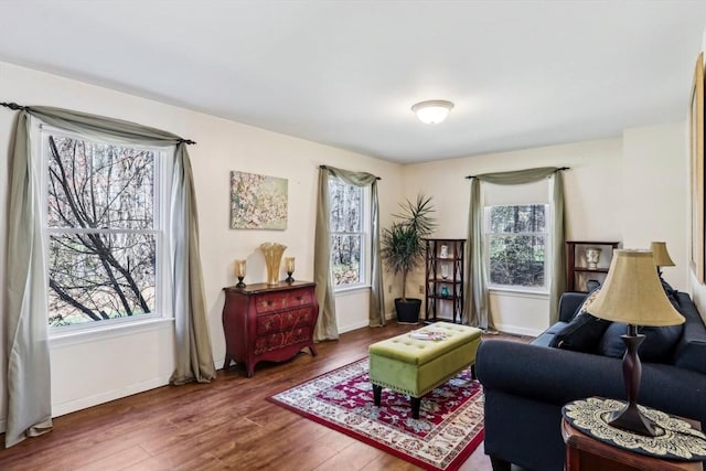living area featuring baseboards, wood finished floors, and a healthy amount of sunlight