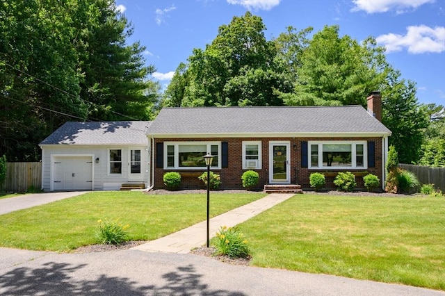 107 Washington St, Pembroke, MA 02359 - ranch-style house with a chimney, brick siding, a garage, driveway, and entry steps