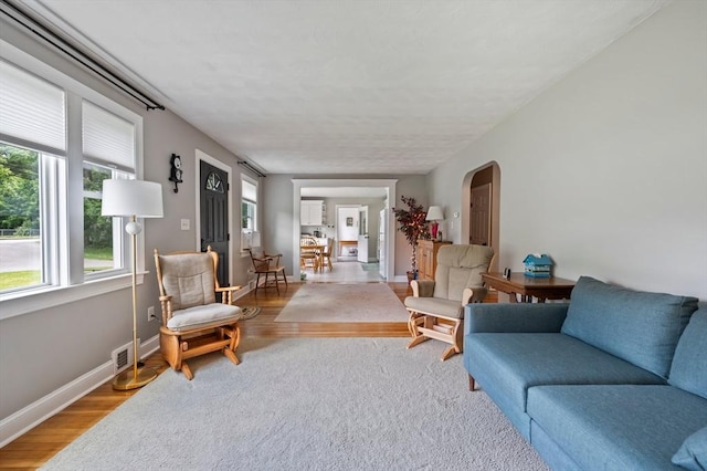 107 Washington St, Pembroke, MA 02359 - living area with arched walkways and light wood finished floors