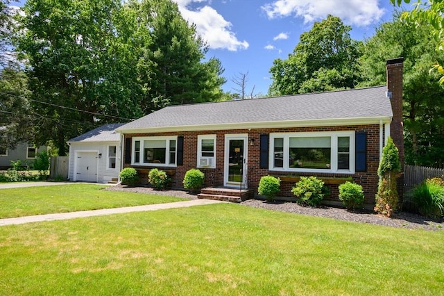 107 Washington St, Pembroke, MA 02359 - ranch-style home featuring brick siding, a chimney, concrete driveway, an attached garage, and cooling unit