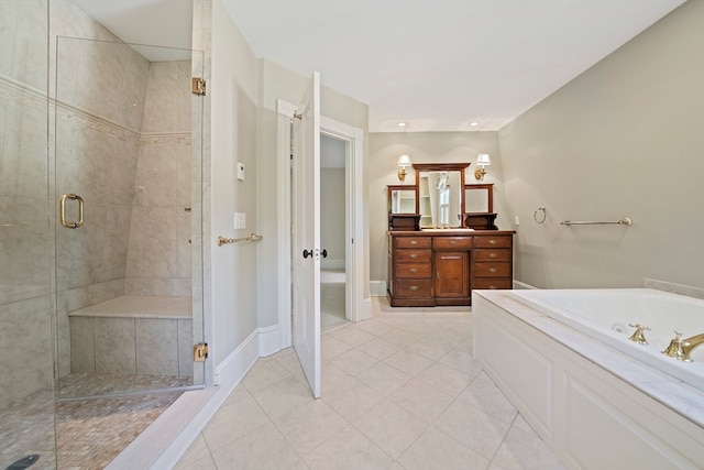 bathroom with vanity, separate shower and tub, and tile patterned floors