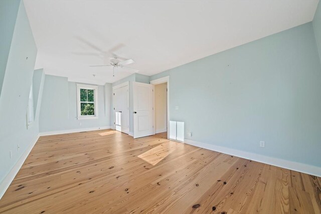 unfurnished living room featuring light hardwood / wood-style flooring and ceiling fan