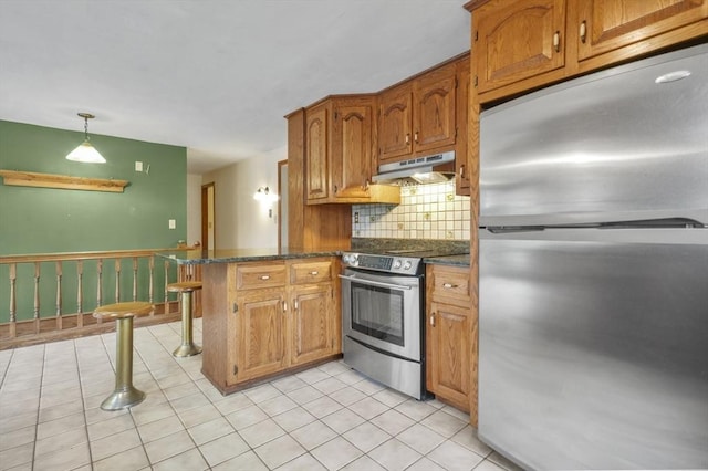 3 Norman Ave, Newburyport, MA 01950 - kitchen featuring stainless steel appliances, under cabinet range hood, backsplash, brown cabinets, and a peninsula