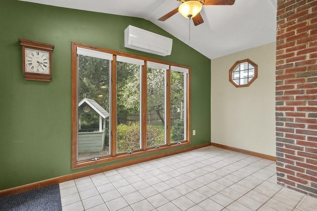 3 Norman Ave, Newburyport, MA 01950 - unfurnished room with an AC wall unit, a ceiling fan, vaulted ceiling, light tile patterned floors, and baseboards