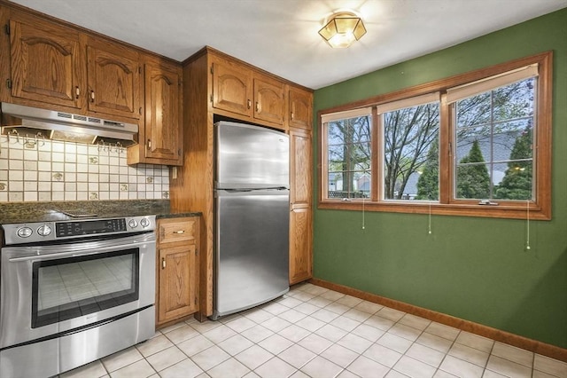 3 Norman Ave, Newburyport, MA 01950 - kitchen with stainless steel appliances, under cabinet range hood, dark countertops, backsplash, and baseboards