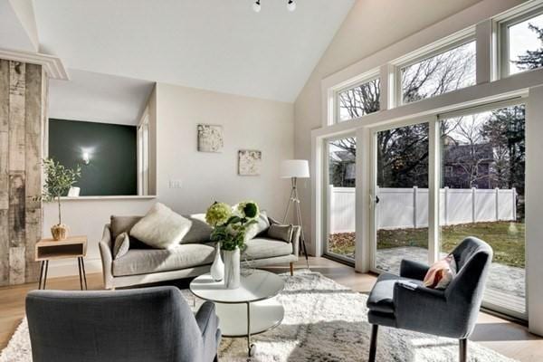 living room featuring vaulted ceiling and light hardwood / wood-style floors