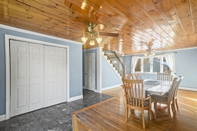 dining space featuring ceiling fan, wood ceiling, and ornamental molding