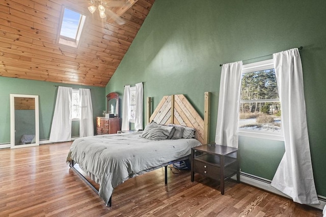 bedroom featuring high vaulted ceiling, a baseboard heating unit, a skylight, hardwood / wood-style flooring, and wood ceiling