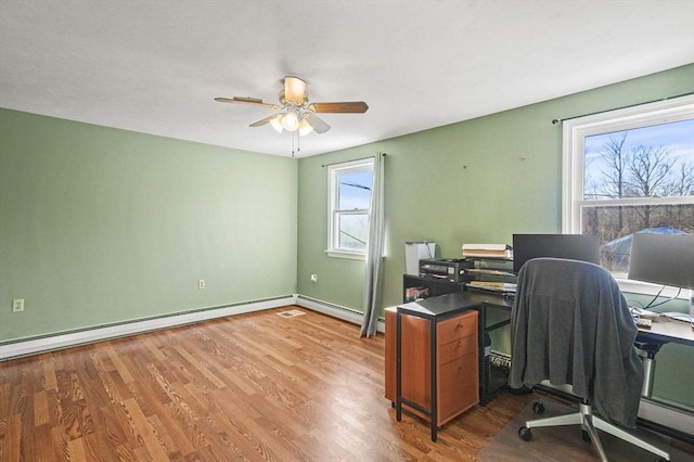 home office with light wood-type flooring, a baseboard radiator, and ceiling fan