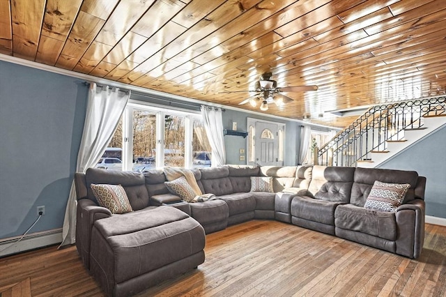 living room featuring ceiling fan, a baseboard heating unit, crown molding, wood-type flooring, and wooden ceiling