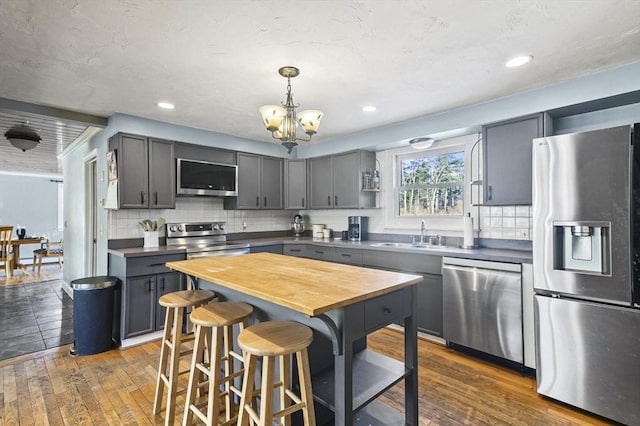 kitchen with sink, dark wood-type flooring, stainless steel appliances, an inviting chandelier, and butcher block countertops