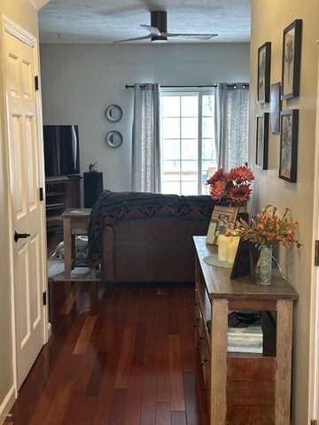 bedroom featuring ceiling fan and dark hardwood / wood-style floors