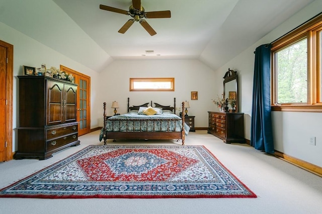 9 Buffalo Run, Southborough, MA 01772 - bedroom with light carpet, vaulted ceiling, baseboards, and ceiling fan