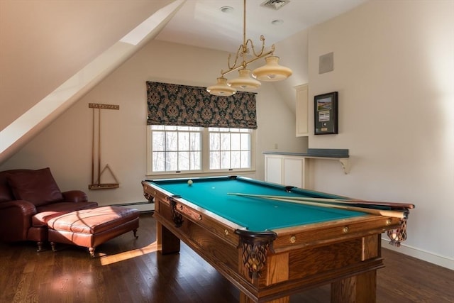 rec room with lofted ceiling, pool table, visible vents, wood finished floors, and baseboards