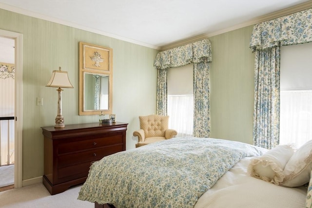 carpeted bedroom with crown molding