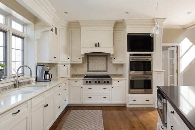 kitchen featuring stainless steel appliances, plenty of natural light, dark wood finished floors, and a sink