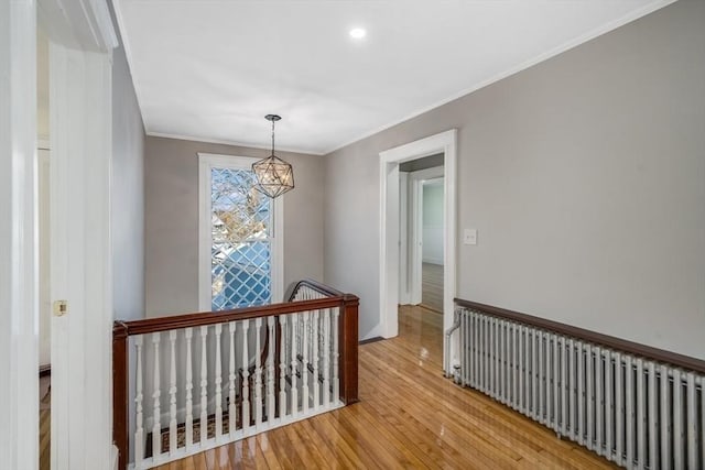 corridor featuring crown molding, light hardwood / wood-style floors, radiator, and an inviting chandelier