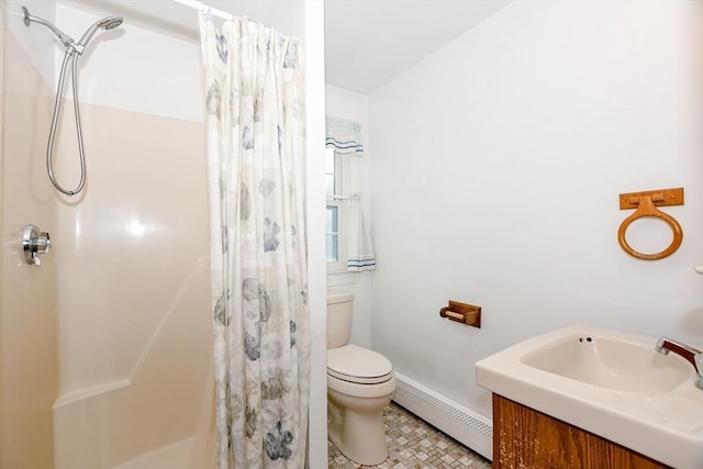 bathroom featuring a baseboard heating unit, toilet, and a shower with curtain