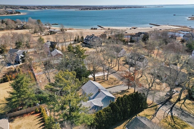 bird's eye view with a beach view and a water view