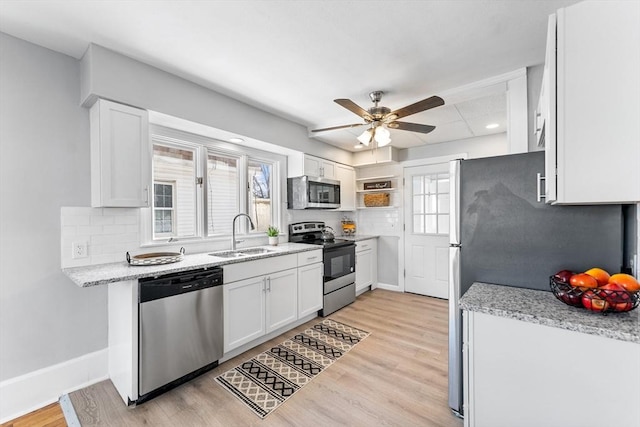 kitchen with sink, white cabinetry, light wood-type flooring, appliances with stainless steel finishes, and backsplash