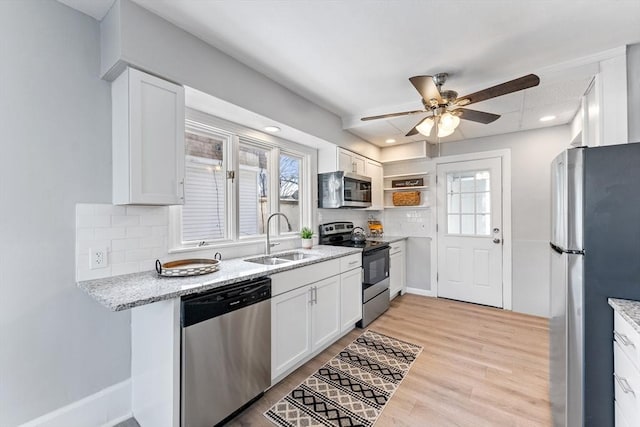 kitchen featuring white cabinetry, sink, backsplash, stainless steel appliances, and light hardwood / wood-style flooring