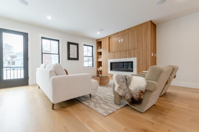 living room with built in shelves, light hardwood / wood-style flooring, and a large fireplace