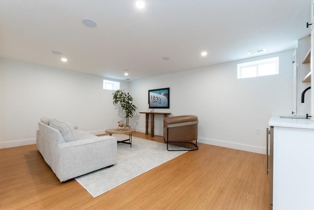 living room with sink, a wealth of natural light, and light hardwood / wood-style floors