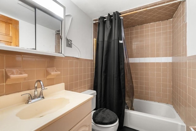 32 Saint Marks Rd Unit 1, Boston, MA 02124 - bathroom with tile walls, toilet, shower / bathtub combination with curtain, and vanity