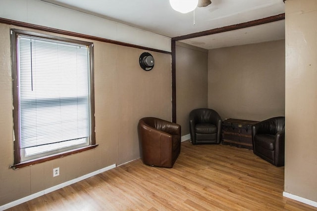 unfurnished room with a wealth of natural light, ceiling fan, and light hardwood / wood-style floors