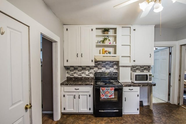 kitchen with tasteful backsplash, electric range, white cabinets, and range hood