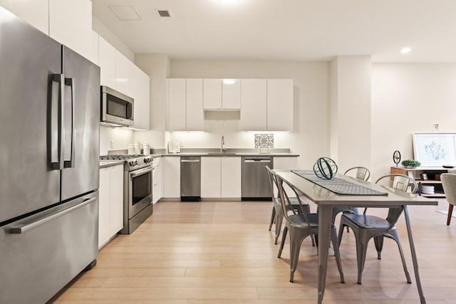 kitchen with appliances with stainless steel finishes, light hardwood / wood-style floors, white cabinetry, and sink