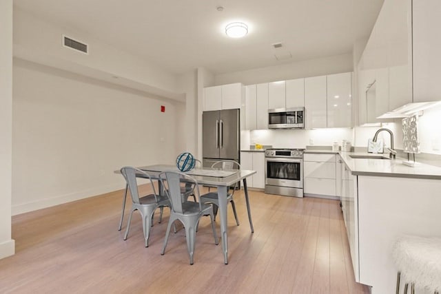 kitchen with white cabinets, sink, stainless steel appliances, and light hardwood / wood-style flooring