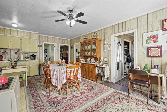 dining area with a ceiling fan and ornamental molding