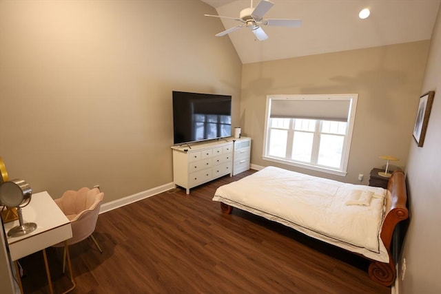 bedroom with a ceiling fan, dark wood finished floors, vaulted ceiling, and baseboards