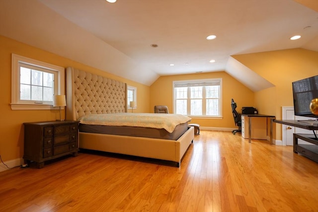 bedroom featuring light wood-style flooring, baseboards, vaulted ceiling, and recessed lighting